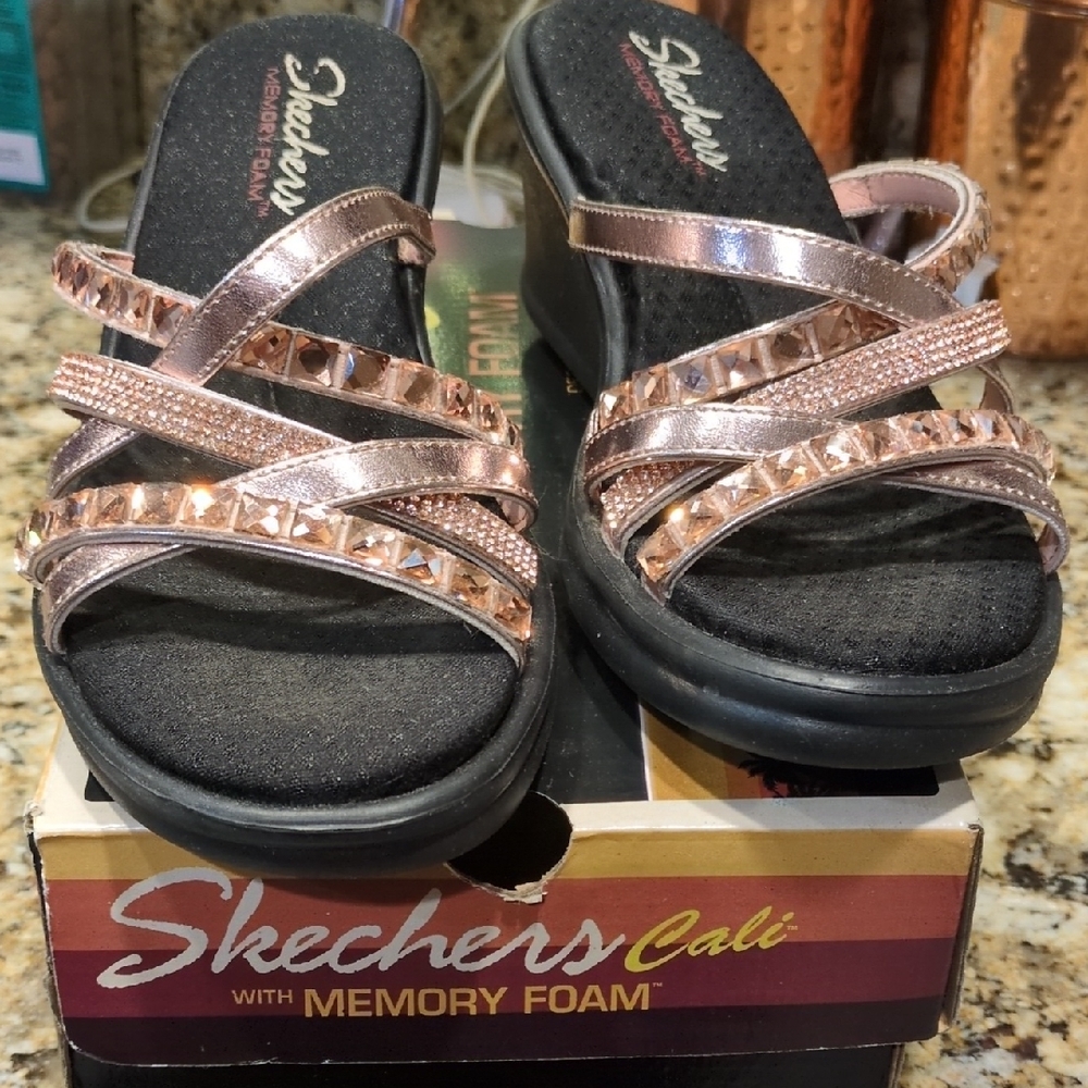 Skechers Gold and Black Sandals with Memory Foam Comfort